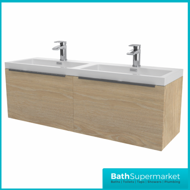Sognare Muro Plus 1200mm Oak Wall Hung Double Basin Vanity Unit – Chrome/Black Handle