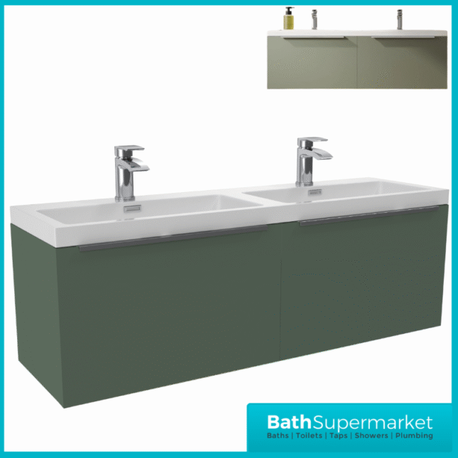 Sognare Muro Plus 1200mm Green Wall Hung Double Basin Vanity Unit – Chrome/Black Handle