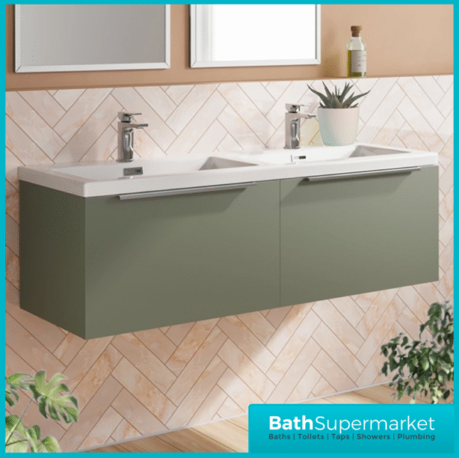 Sognare Muro Plus 1200mm Green Wall Hung Double Basin Vanity Unit – Chrome/Black Handle