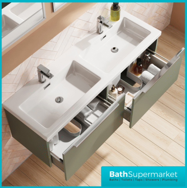 Sognare Muro Plus 1200mm Green Wall Hung Double Basin Vanity Unit – Chrome/Black Handle