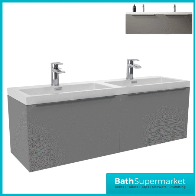 Sognare Muro Plus 1200mm Grey Wall Hung Double Basin Vanity Unit – Chrome/Black Handle