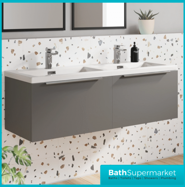 Sognare Muro Plus 1200mm Grey Wall Hung Double Basin Vanity Unit – Chrome/Black Handle