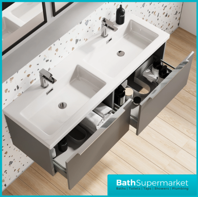 Sognare Muro Plus 1200mm Grey Wall Hung Double Basin Vanity Unit – Chrome/Black Handle