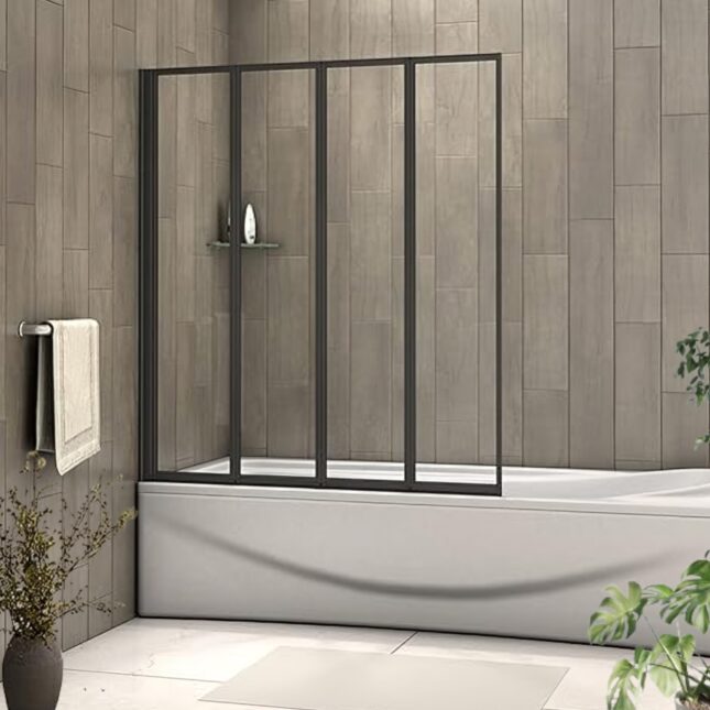Matt Black 4 Folding Bath Shower Bathroom Screen 4mm Glass Panel 900x1400mm