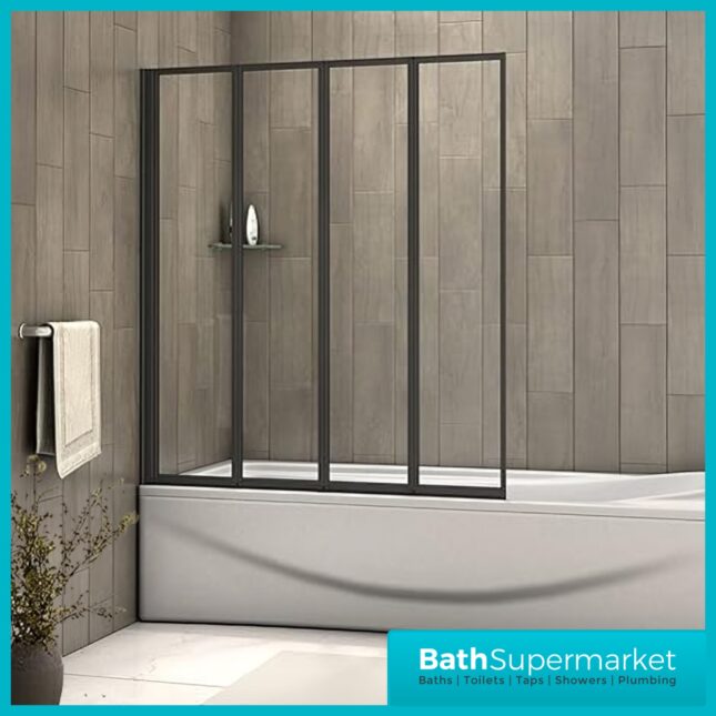 Matt Black 4 Folding Bath Shower Bathroom Screen 4mm Glass Panel 900x1400mm