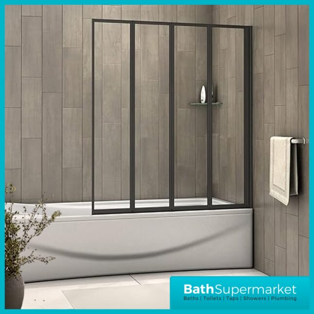 Matt Black 4 Folding Bath Shower Bathroom Screen 4mm Glass Panel 900x1400mm