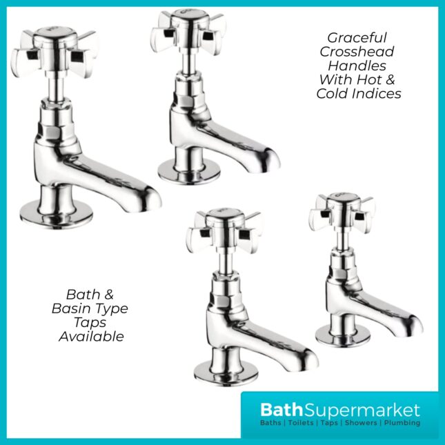 Kartell Chrome Klassique Crosshead Pair Hot & Cold Traditional Basin & Bath Taps