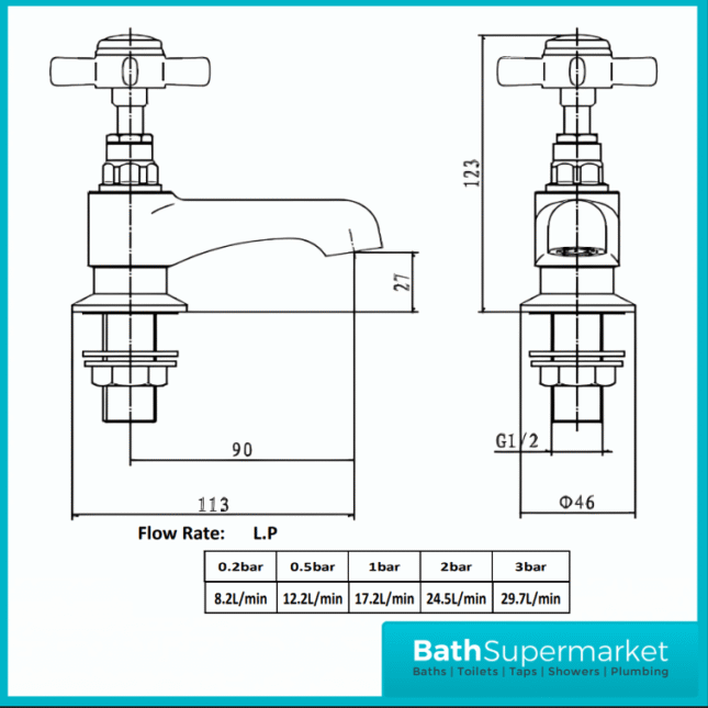 Kartell Chrome Klassique Crosshead Pair Hot & Cold Traditional Basin & Bath Taps