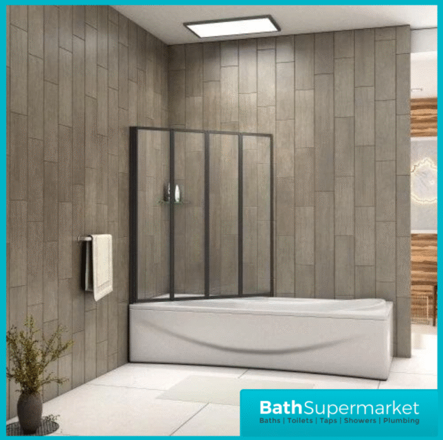 Matt Black 4 Folding Bath Shower Bathroom Screen 4mm Glass Panel 900x1400mm
