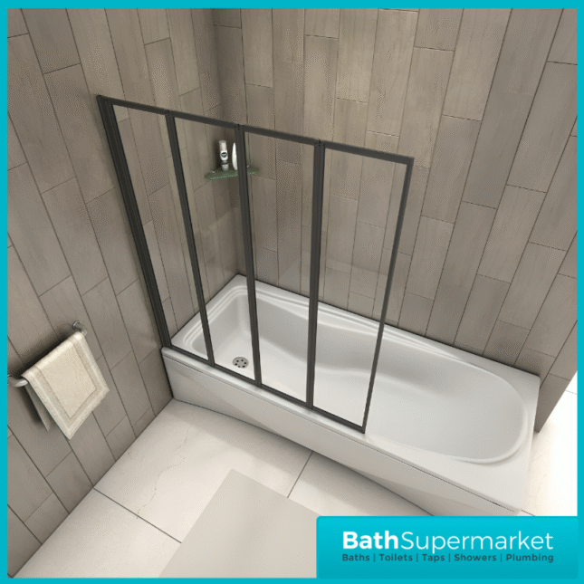 Matt Black 4 Folding Bath Shower Bathroom Screen 4mm Glass Panel 900x1400mm