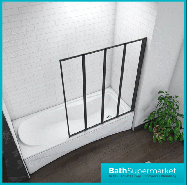 Matt Black 4 Folding Bath Shower Bathroom Screen 4mm Glass Panel 900x1400mm