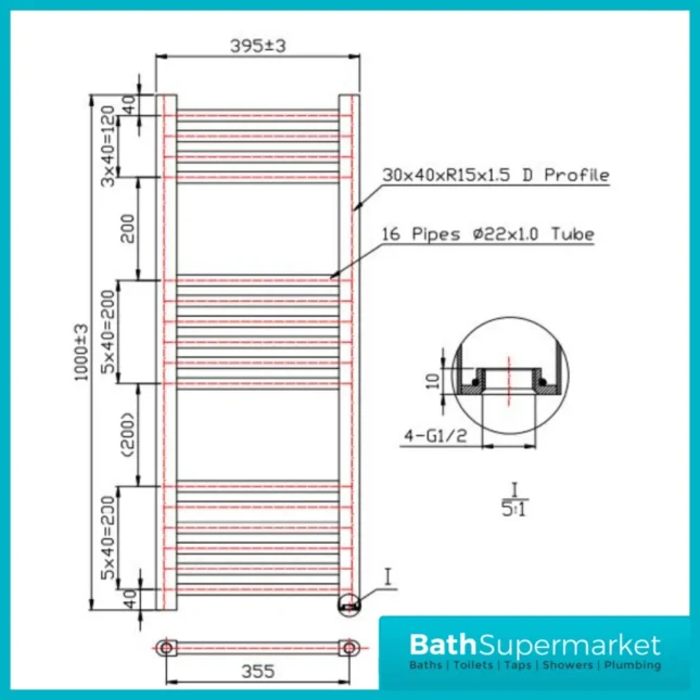 Matt Black Straight Heated Ladder Towel Rail 400mm x 1000mm