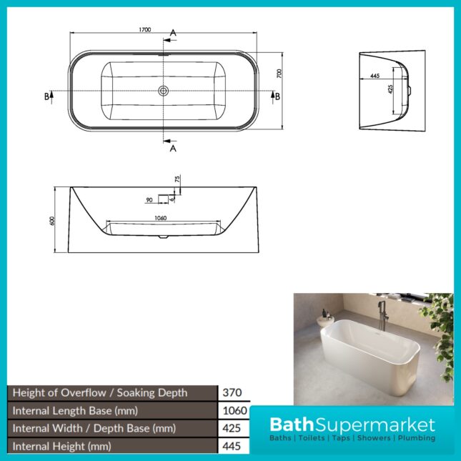 Sognare Choices Gloss White Rectangle Modern Free Standing Bath 1700mm Length