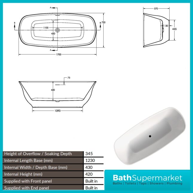 Sognare Coral Gloss White Oval Modern Free Standing Bath 1700mm Length