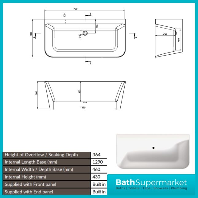 Sognare Porto Gloss White Back-To-Wall Modern Bath 1700mm Length