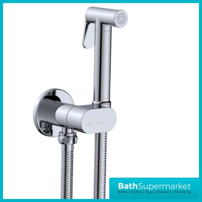 Conon Chrome Round Douche Shower Spray Handset Flexi Hose Kit With Integrated Isolator Valve