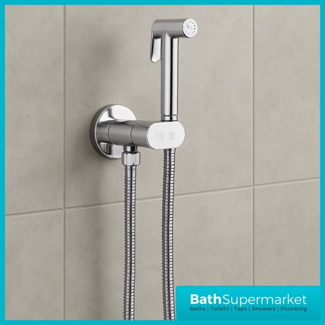 Conon Chrome Round Douche Shower Spray Handset Flexi Hose Kit With Integrated Isolator Valve