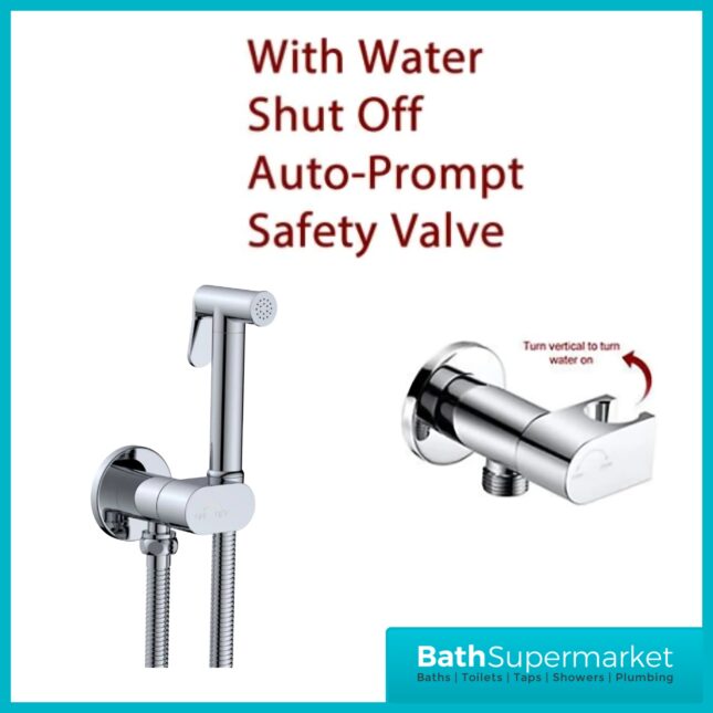 Conon Chrome Round Douche Shower Spray Handset Flexi Hose Kit With Integrated Isolator Valve