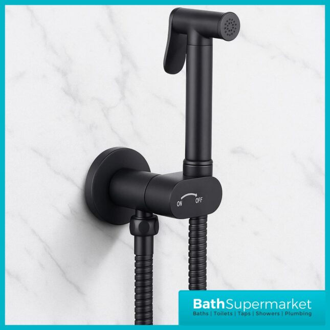 Conon Matt Black Round Douche Shower Spray Handset Flexi Hose Kit With Integrated Isolator Valve