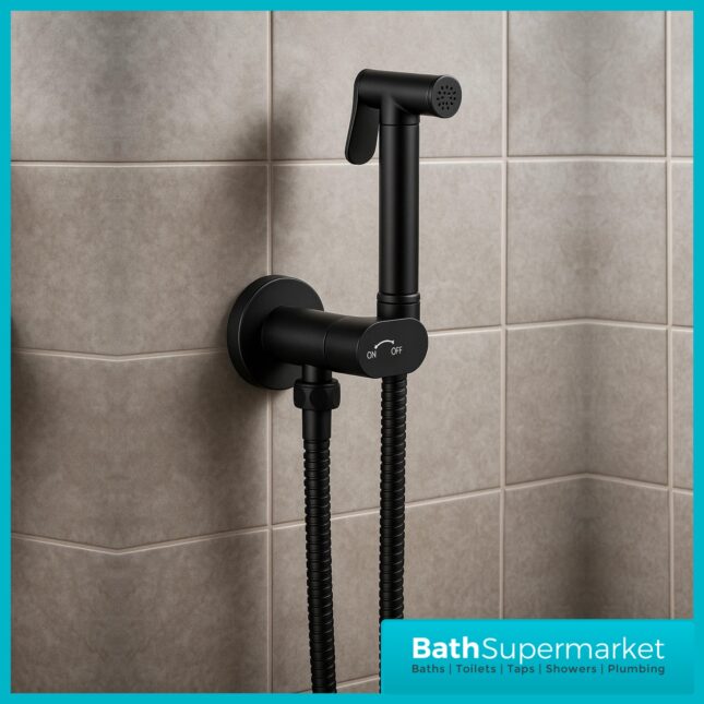 Conon Matt Black Round Douche Shower Spray Handset Flexi Hose Kit With Integrated Isolator Valve