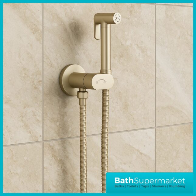 Conon Brushed Brass Round Douche Shower Spray Handset Flexi Hose Kit With Integrated Isolator Valve