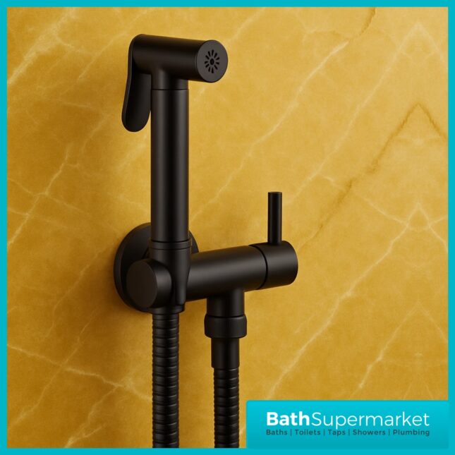 Annan Matt Black Round Douche Shower Handset Flexi Hose Holder & Outlet Elbow Mixer Kit