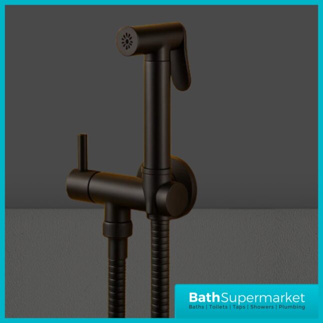 Annan Matt Black Round Douche Shower Handset Flexi Hose Holder & Outlet Elbow Mixer Kit
