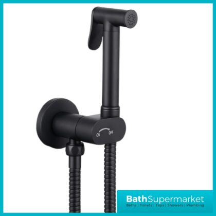 Conon Matt Black Round Douche Shower Spray Handset Flexi Hose Kit With Integrated Isolator Valve