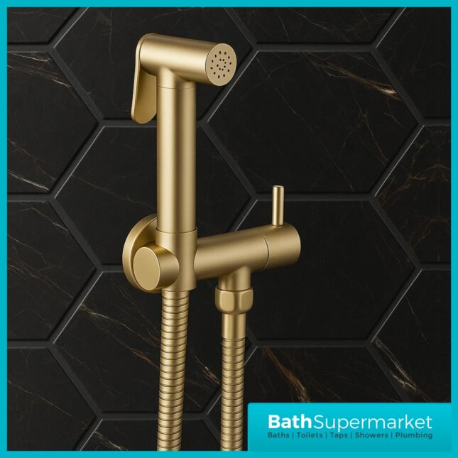 Annan Brushed Brass Round Douche Shower Handset Flexi Hose Holder & Outlet Elbow Mixer Kit
