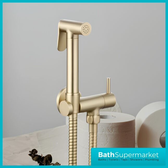 Annan Brushed Brass Round Douche Shower Handset Flexi Hose Holder & Outlet Elbow Mixer Kit