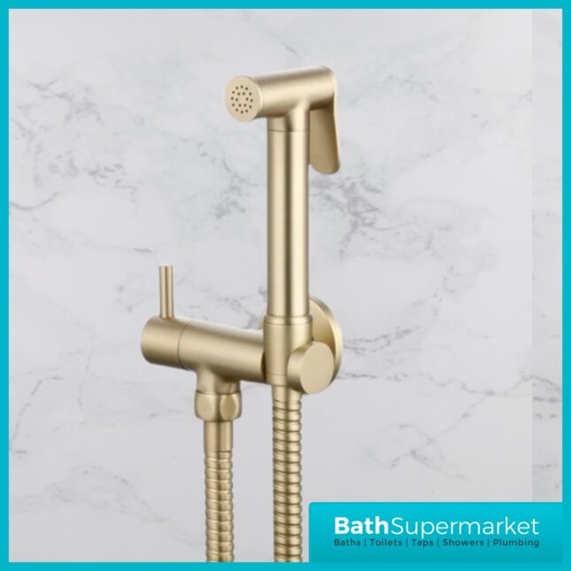 Annan Brushed Brass Round Douche Shower Handset Flexi Hose Holder & Outlet Elbow Mixer Kit