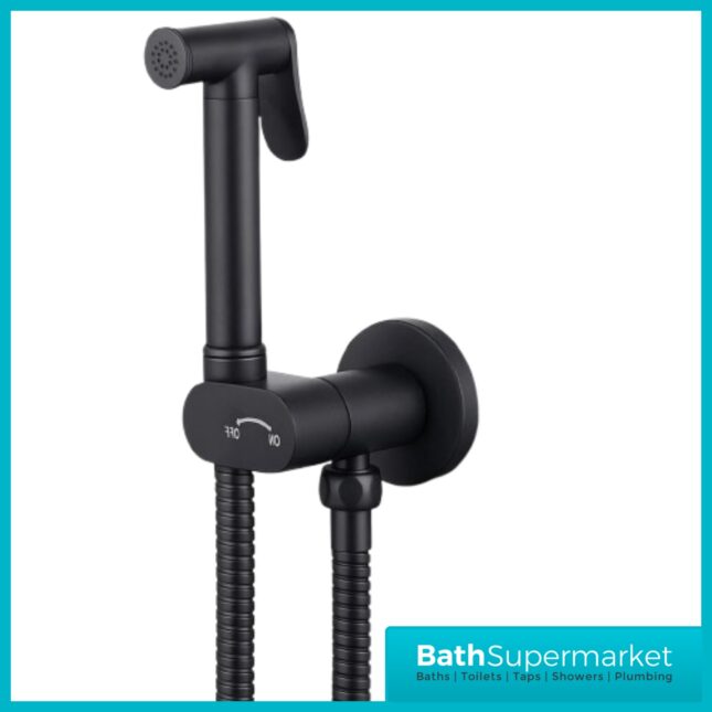 Conon Matt Black Round Douche Shower Spray Handset Flexi Hose Kit With Integrated Isolator Valve