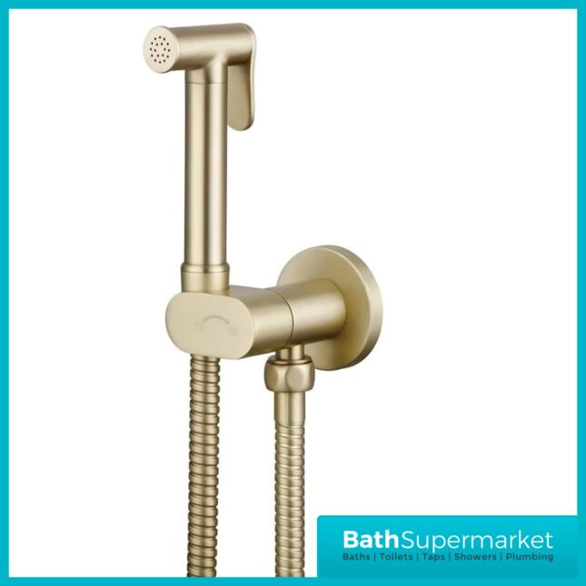 Conon Brushed Brass Round Douche Shower Spray Handset Flexi Hose Kit With Integrated Isolator Valve