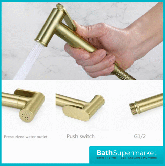 Conon Brushed Brass Round Douche Shower Spray Handset Flexi Hose Kit With Integrated Isolator Valve