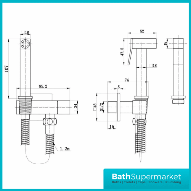 Beauly Brushed Brass Square Douche Shower Spray Handset Flexi Hose Holder & Outlet Elbow Mixer Kit