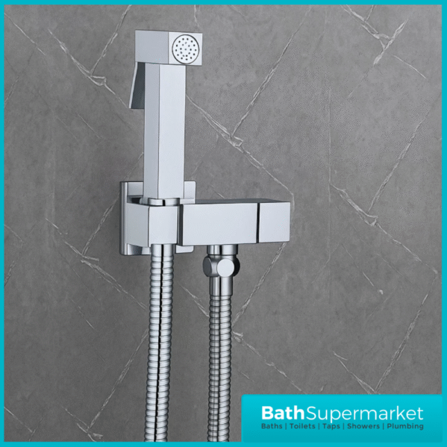 Beauly Chrome Square Douche Shower Spray Handset Flexi Hose Holder & Outlet Elbow Mixer Kit