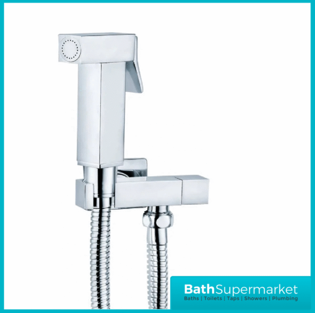 Beauly Chrome Square Douche Shower Spray Handset Flexi Hose Holder & Outlet Elbow Mixer Kit