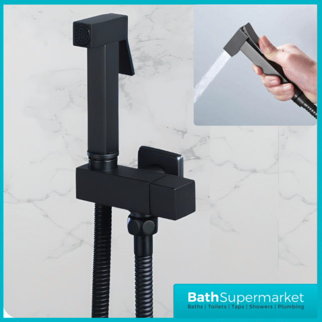Beauly Matt Black Square Douche Shower Spray Handset Flexi Hose Holder & Outlet Elbow Mixer Kit