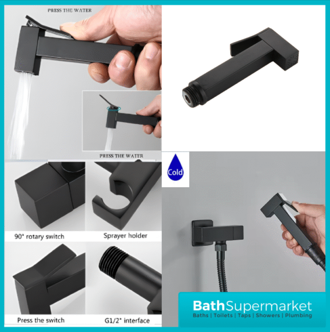 Beauly Matt Black Square Douche Shower Spray Handset Flexi Hose Holder & Outlet Elbow Mixer Kit