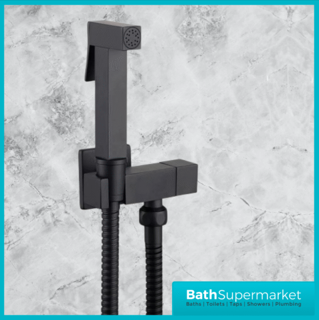Beauly Matt Black Square Douche Shower Spray Handset Flexi Hose Holder & Outlet Elbow Mixer Kit