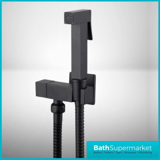 Beauly Matt Black Square Douche Shower Spray Handset Flexi Hose Holder & Outlet Elbow Mixer Kit