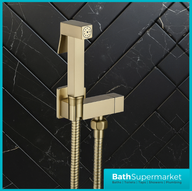 Beauly Brushed Brass Square Douche Shower Spray Handset Flexi Hose Holder & Outlet Elbow Mixer Kit