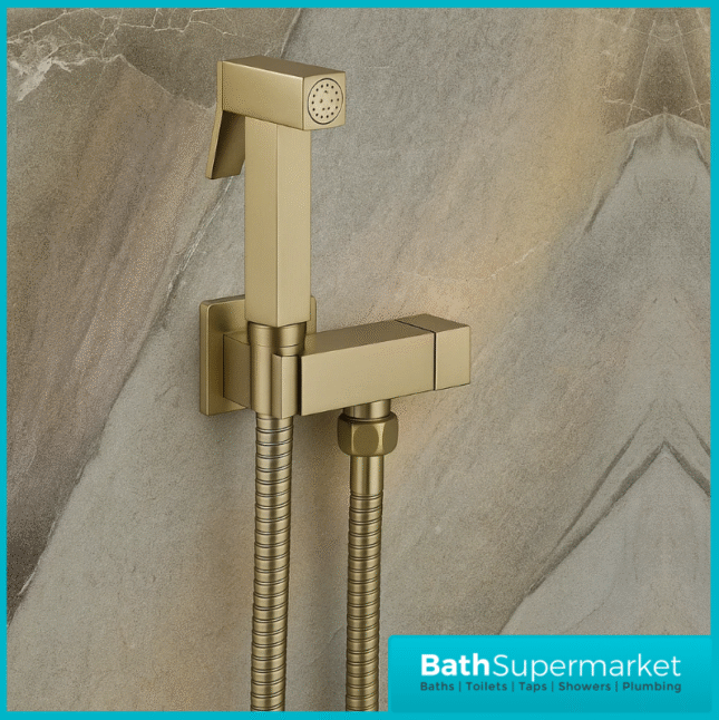 Beauly Brushed Brass Square Douche Shower Spray Handset Flexi Hose Holder & Outlet Elbow Mixer Kit