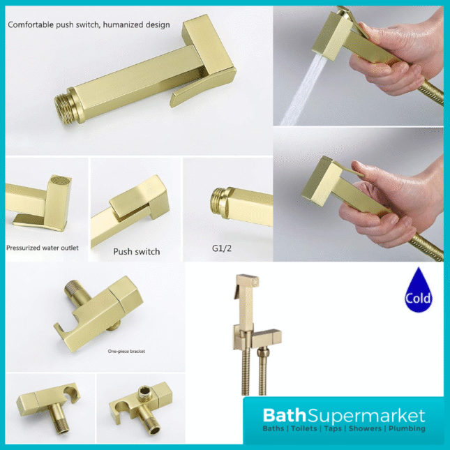 Beauly Brushed Brass Square Douche Shower Spray Handset Flexi Hose Holder & Outlet Elbow Mixer Kit