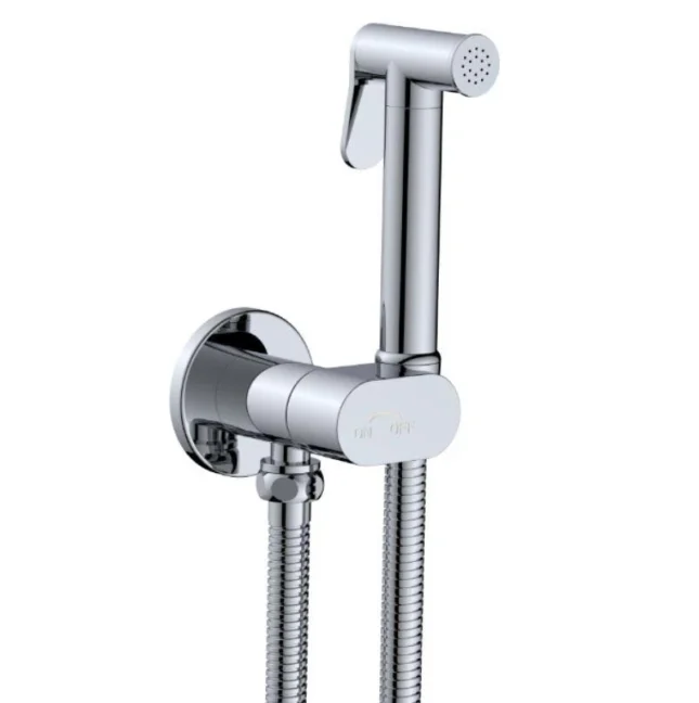 Conon Chrome Round Douche Shower Spray Handset Flexi Hose Kit With Integrated Isolator Valve