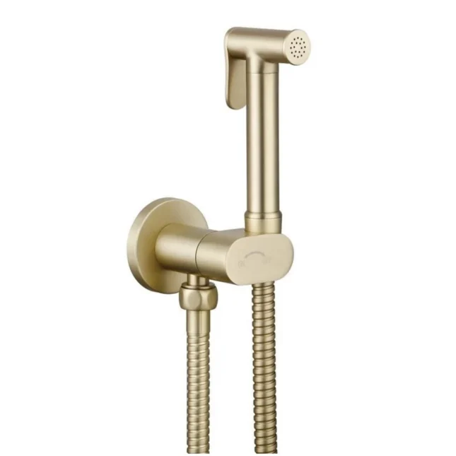 Conon Brushed Brass Round Douche Shower Spray Handset Flexi Hose Kit With Integrated Isolator Valve