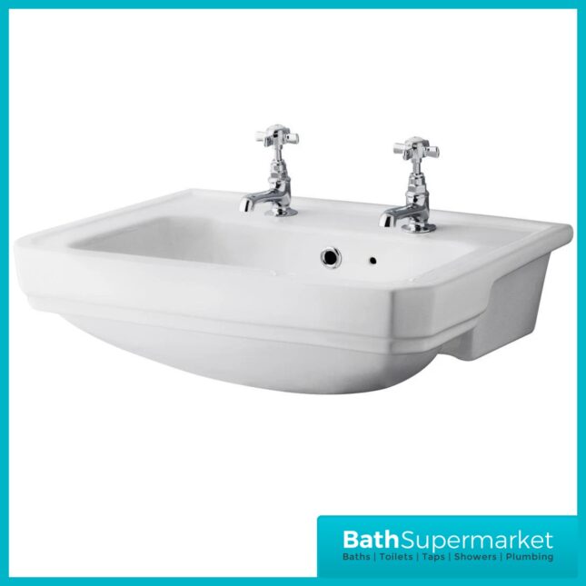Carlton Traditional White Gloss Semi Recessed 2 Tap Hole Basin 560mm