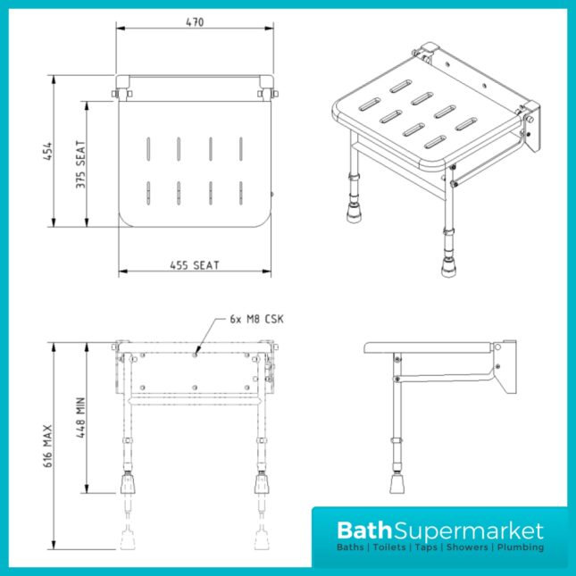 Fitzroy Of London Wall Mounted Folding Grey Padded Shower Seat With Legs