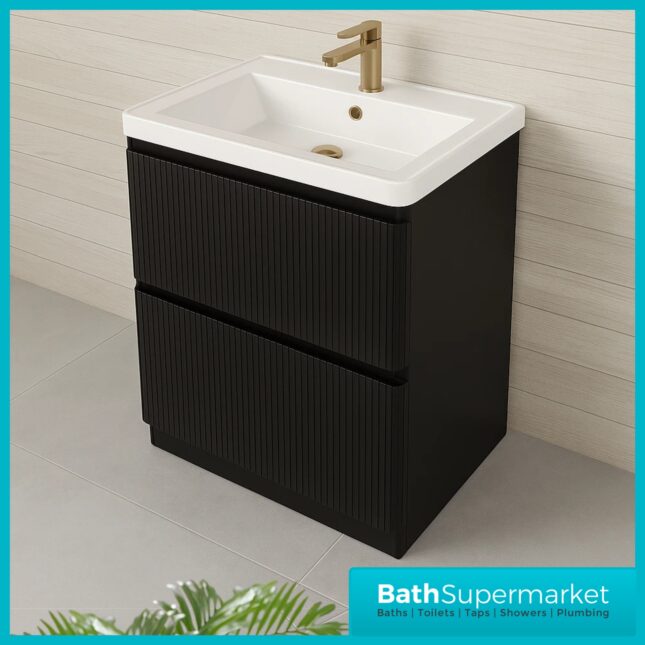 Modern Black Fluted Floor Standing Handless Drawer Bathroom Vanity Basin Unit 600mm