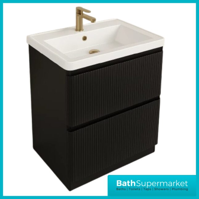 Modern Black Fluted Floor Standing Handless Drawer Bathroom Vanity Basin Unit 600mm